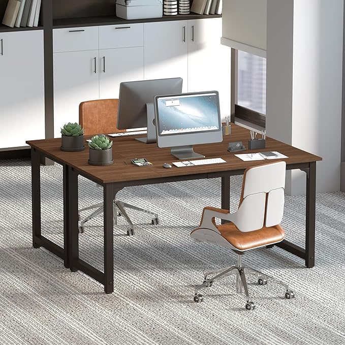 NSdirect Large Office Desk for Home Office Large 63” Computer Desk Table Wide Writing Study Desk for 2 Person Metal Sturdy Frame Thicker Steel Legs Black Chocolate