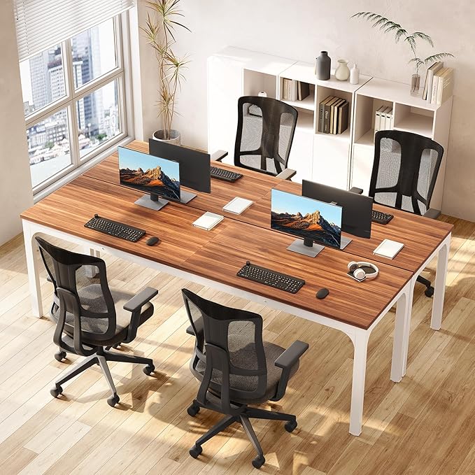 LITTLE TREE 78.7-Inch Ultra Long Double Desk Writing Gaming Work Computer Two-Person Desk for Home Office Walnut + White