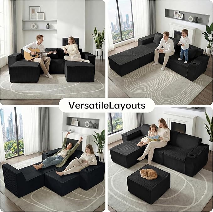 Cloud Modular Sectional CouchBoneless Corduroy Sofa for Living RoomU Shaped Sofa with OttomanDeep SeatNo Assembly Required (Black U Shaped 3 Seater + 2 Ottoman)
