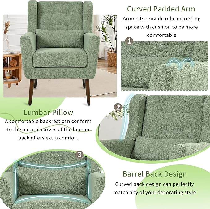 Accent Chair Set of 2 Upholstered Armchair with Pillow Teddy Single Sofa Chair with Lounge Seat and Wood Legs for Living Room Small Spaces