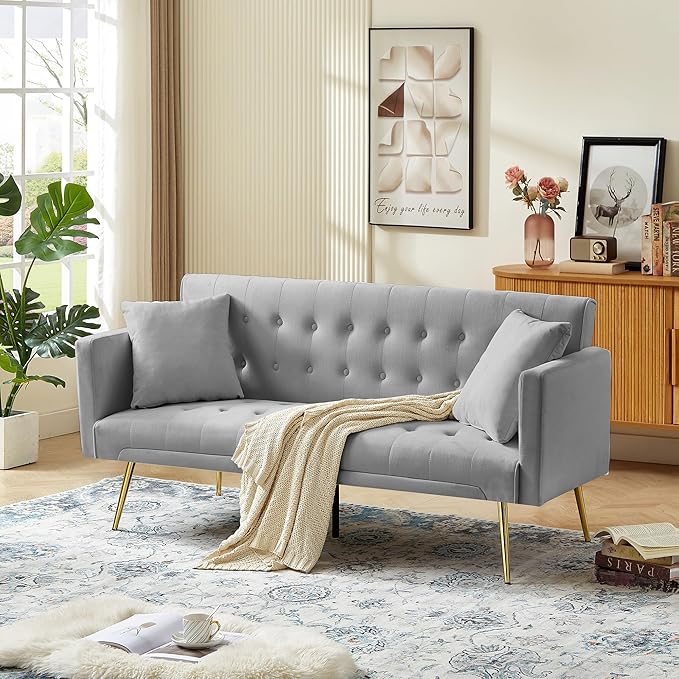 Anwick 72 Modern Velvet Sofa Bed FutonConvertible Folding Sleeper Bed Couches with 3 Adjustable BackrestsTufted Recliner Loveseat with Golden Chrome Legs for Small Living Room Office (Grey)