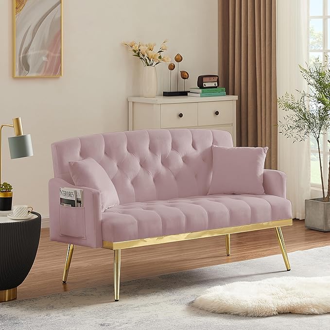 55-Inch Modern Velvet Loveseat Sofa with Gold Metal Legs &amp Side Pockets Tufted Backrest Perfect for Living Room Bedroom or Office (Pink)