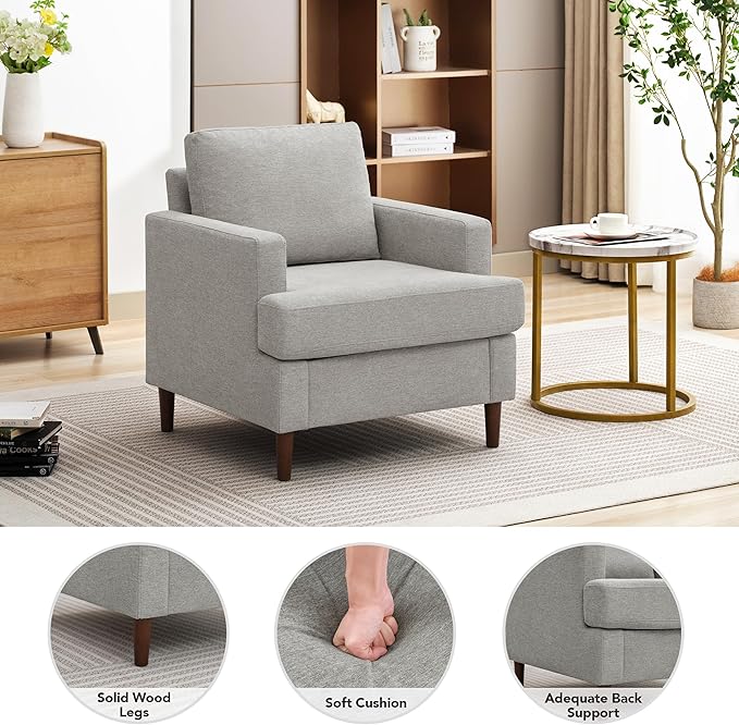 Mid-Century Accent ChairModern Linen Fabric Armchair for Living RoomComfy Upholstered Reading Accent Chairs for BedroomSingle Sofa Chair with Wood Legs (Light Grey 1 Pack)