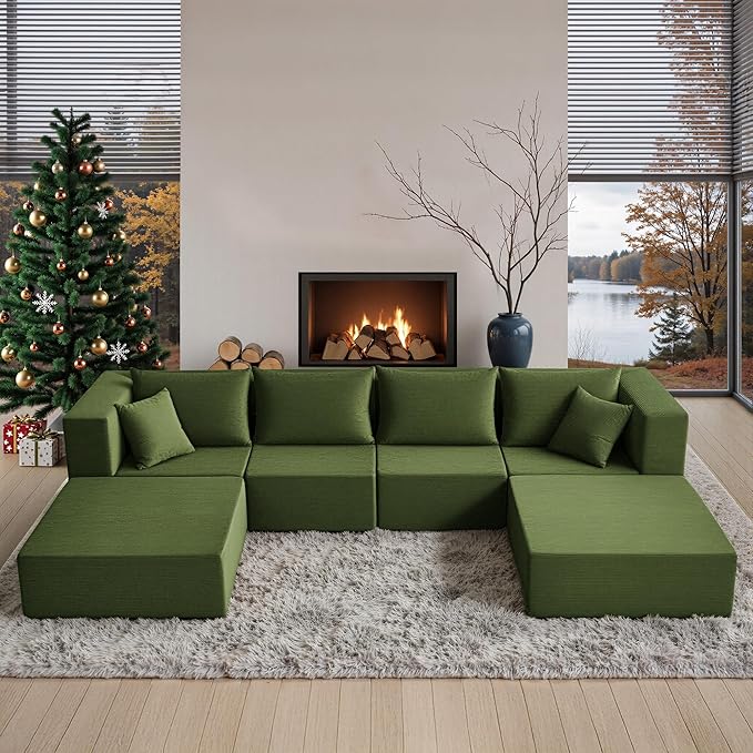 YINIX 140 Modular Sectional Sofa Couches Corduroy Sleeper Deep Seat Sofa Bed Comfy Cloud Couch for Living Room Floor Sofa 6 Piece Free Combination Compression No Assembly Required Green