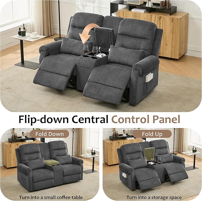 DRMBOOK RV Loveseat Recliner Sofa with Console Flax Velvet Double Wall Hugger Reclining Couch Manual Home Movie Seating 2 Person Recliner Chair with Cup Holders/Storage/Pocket/Lumbar Pillow Grey
