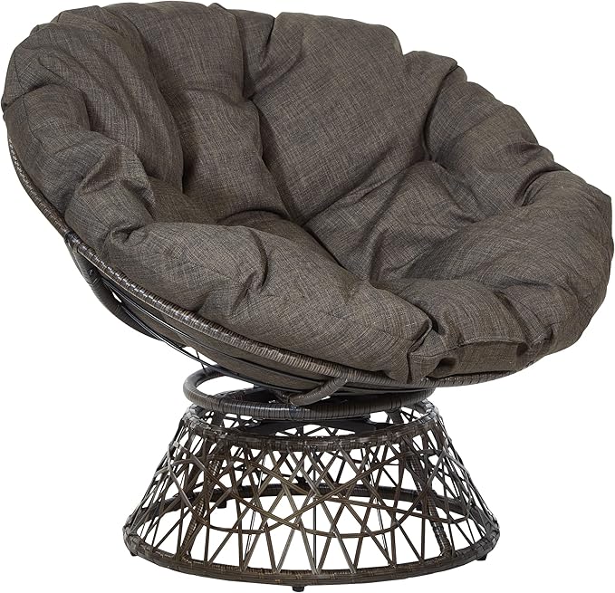 OSP Home Furnishings Wicker Papasan Chair with 360-Degree Swivel Brown Frame with Brown Cushion