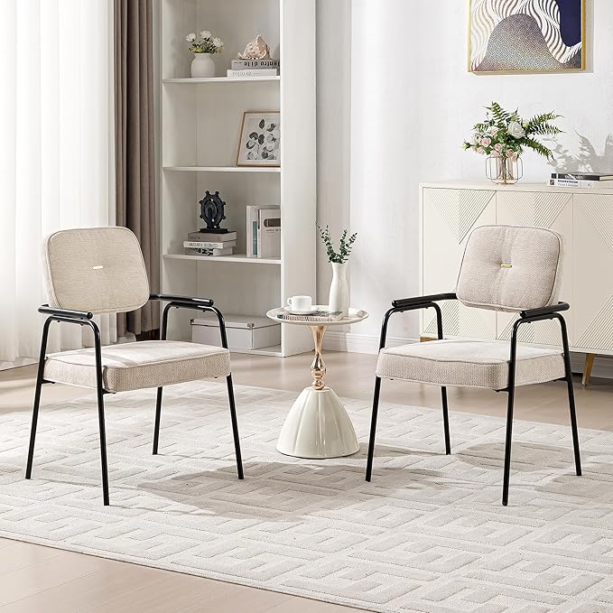 Accent Chair Dining Chair Set of 4 Chenille Upholstered Armchair Reading Side Chair Comfy Living Room Chair with Black Metal Legs for Bedroom Waiting Room Beige