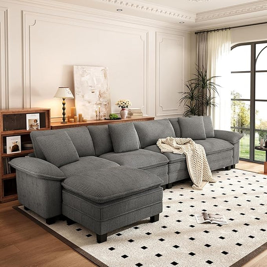 PHI VILLA Cloud Modular Couch Sets 157.5 Sectional Sofa with L-Shaped Chaise 5-Seater Upholstered Couches with Movable Ottoman for Living Room Corduroy Fabric Grey