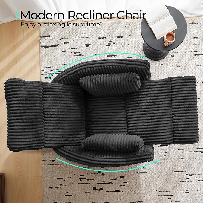 LINSY 360 Swivel Recliner Chair Nursery Glider Rocking Chair with 2 Pillows Corduroy Nursing Chair Comfy High Back Adult Rocker Recliner for Small Spaces Nursery Bedroom Living Room (Black)