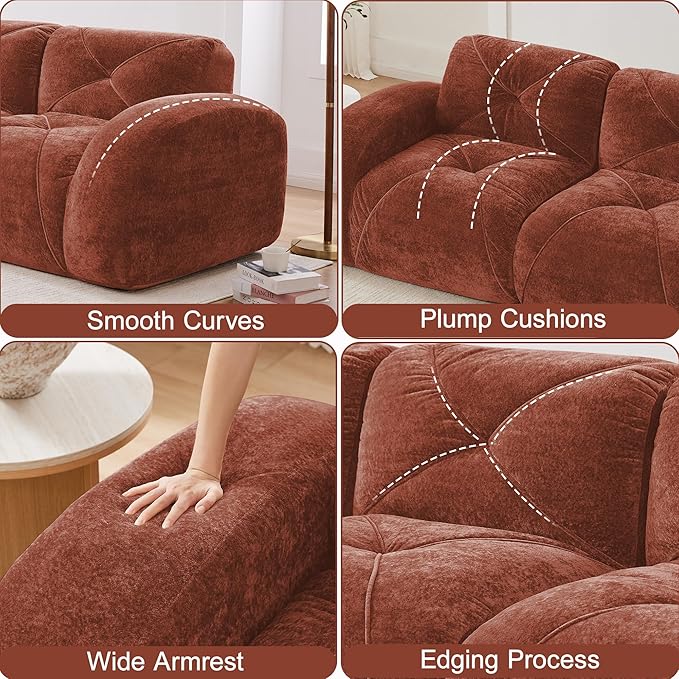 Boneless Couch Sectional Couches for Living Room 140.9'' Cloud Couch with Deep Seat Comfy Soft Velvet Modular Sectional Sofa Modern Oversized 4-Seater Boneless Sofa No Assembly Red