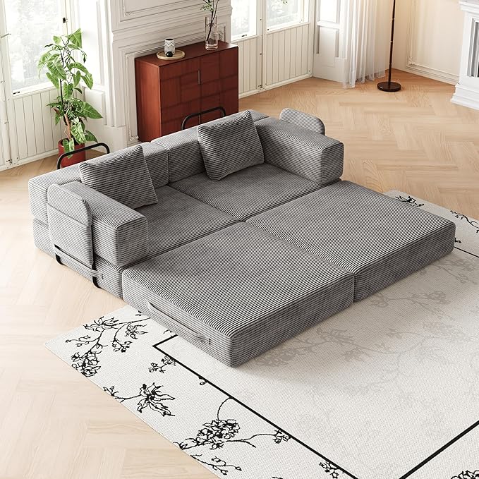 KEIKI 72.4'' Convertible Sofa Bed 2 Seat Corduroy Fabric Sofa with Two Side Storage Pockets and Two Cushions Comfortable Folding Sleeper Carpeted Couch for Living Room Bedroom and Study Grey