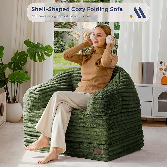 MAXYOYO Folding Sofa Bed 2 in 1 Convertible Sofa to Lounger Comfy Faux Fur Bean Bag Chair for Adults Floor Single Sleeper Couch Chair with Handle Couch Bed for Living Room Bedroom Dark Green