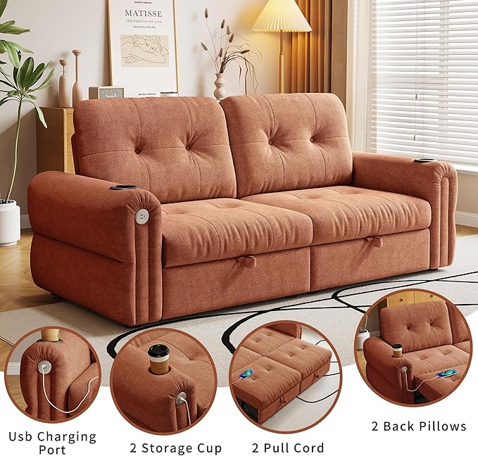 KEIKI 3 in 1 Sleeper Sofa Bed 80.4 Pull Out Couch Loveseat Sofa Futon Bed with USB Port for Living Room Bedroom Apartment Orange