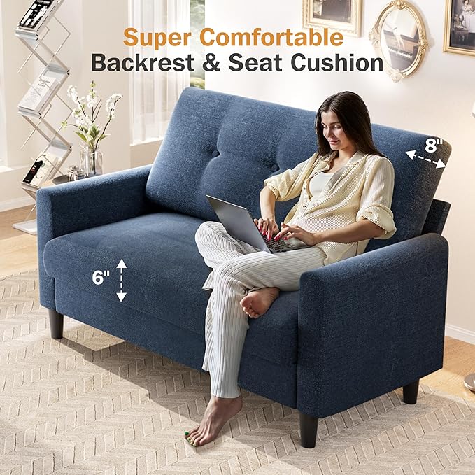 Vipbear 50 Small Loveseat Sofa Small Couch for Living Room Bedroom Office Comfy Love Seat with Deep Seat Spring Cushion Solid Wood Frame Tool-Free Assembly Navy Blue Chenille