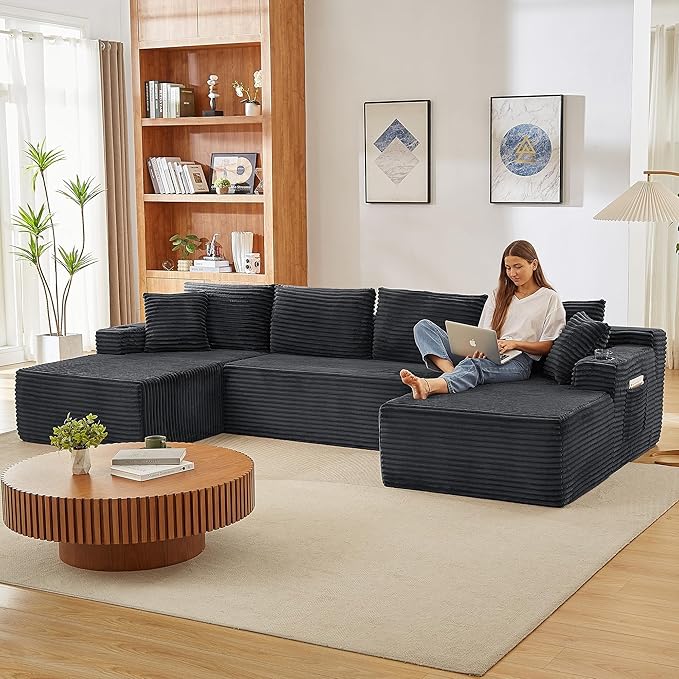 GNIXUU 133.5 Corduroy Boneless Sectional Couches for Living Room Oversized Plush U Shaped Cloud Couch Modular Sectional Sofa with Deep Seat Cup Holders &amp Storage Pocket No Assembly Required Gr