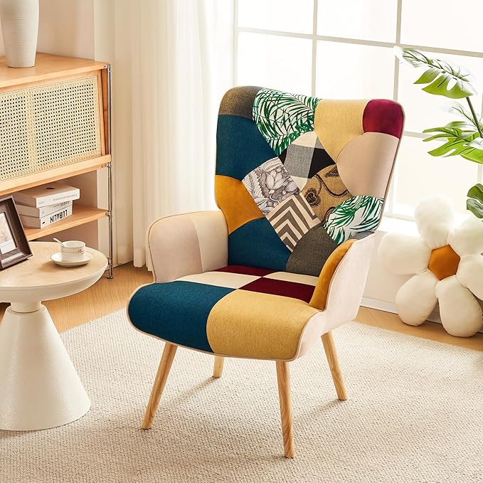 Accent Chair Living Room Chair Modern High Back Armchair Colorful Patchwork Reading Chairs for Bedroom Lounge Chair with Linen Fabric Shell and Solid Wood Feets (1 Colorful)