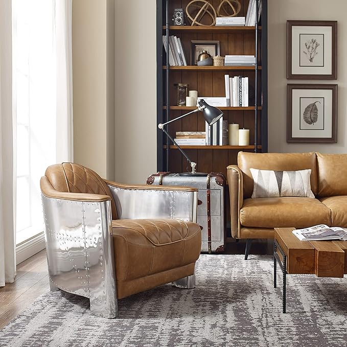Zouron Genuine Leather Living Room Chair Mid Century Modern Single Sofa Chair in Aluminum Vintage Barrel Accent Chair for Living Room Bedroom Home Office Light Brown