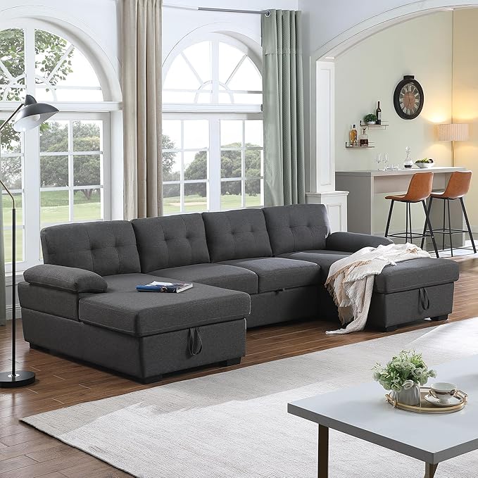 120 U-Shaped Sectional Sleeper Sofa with Pull Out Bed &amp Storage Chaise Lounge Convertible Sofa Bed Couch Functional Modular Sectional Sofa for Living Room Apartment (Dark Gray 4 Seats Sofa Bed