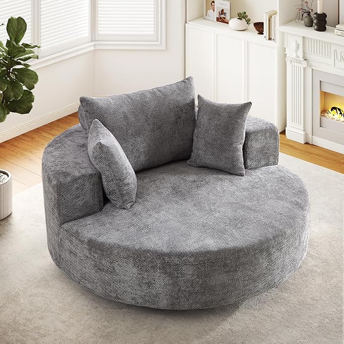55 W Oversized Round Swivel Accent Barrel Chair360 Degree Chenille Upholstered Comfy Chaise Lounge Chair IndoorModern Deep Seat Single Sofa Armchair for Living RoomBedroomOffice(Grey)