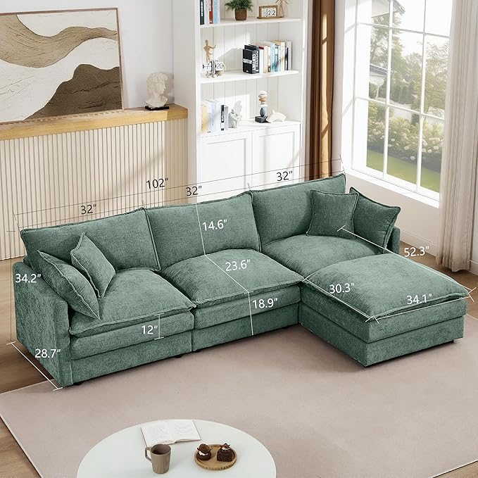 102 Cloud Sectional Couch Modular L Shaped Sofa with Movable Ottoman Comfy Chenille Deep Seat Sofa with Throw Pillows 3-Seater Cloud Couches for Living Room Apartment
