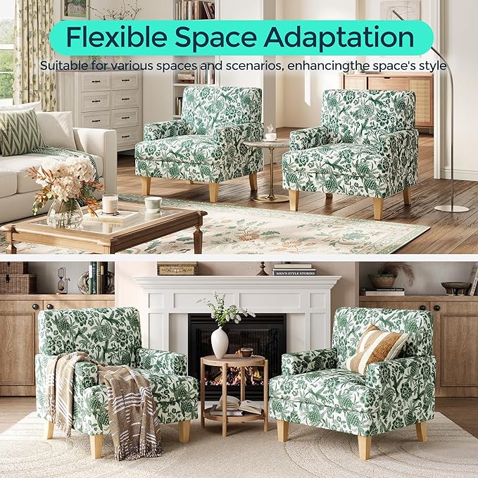 LINSY Floral Accent Chair Large Lounge Armchair with Rubberwood Legs Farmhouse Reading Chair Comfy Oversized Single Sofa Chair for Living Room Bedroom Office Study Floral Green