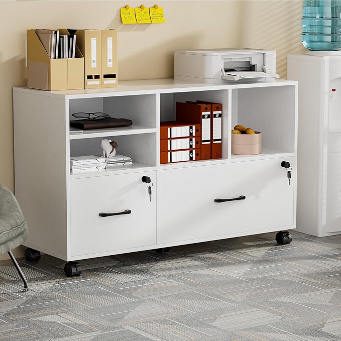 2 Drawer Wood Mobile Large Lateral File Cabinet Lockable Rolling Filing Cabinet with Storage Shelves Printer Stand Office Storage Cabinet for Home Office Fits Files Legal/A4 White