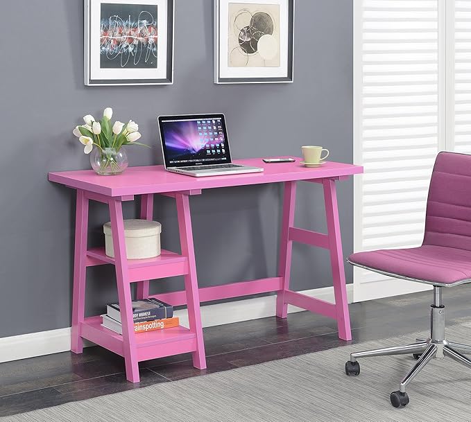 Convenience Concepts Designs2Go Trestle Desk 47 - Modern Desk or Vanity with Shelves for Office Dorm Living Room Pink