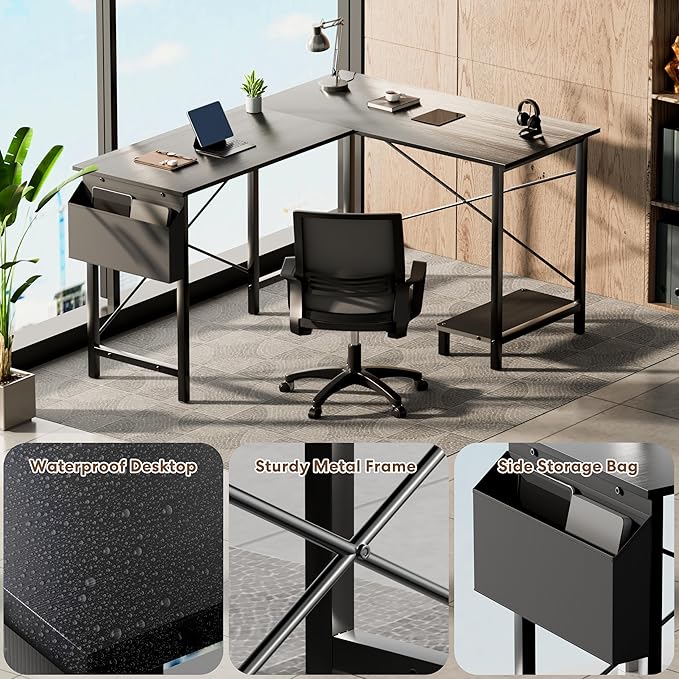 YSSOA 50 L Shaped Gaming Desk with Reversible Corner - Home Office Computer Desk with Wood Top Metal Frame CPU Stand &amp Storage Bag for Small Space Gaming Room Black