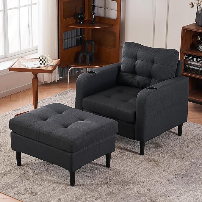Accent Chair with Ottoman Set Upholstered Armchair with Storage Ottoman Cup Holders &amp Side Pocket Single Sofa Chair with Tufted Detailing for Living Room or Bedroom (Dark Grey)