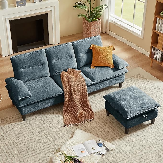 86'' Chenille Sofa with Storage Ottoman Modern Living Room Sofa with Removable Washable Cushion 3 Seater Comfy Couch for Apartment Bedroom Office (Dark Grey)
