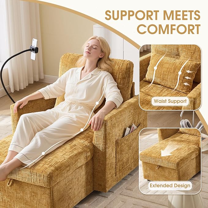 HOMEFUN Sleeper Chair Bed Lazy-Friendly Indoor Chaise Lounge with Storage Cell Phone Bracket Multifunctional Sofa for Bedroom Living Room Small Space Adults