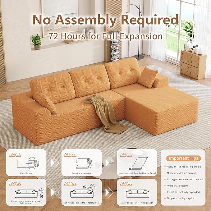 Ball &amp Cast 106 Cloud Modular Sectional Sofa Boneless Chenille Couch with Deep Seat Comfy L-Shaped Sectional Modern Upholstered Sofa for Living Room No Assembly (Orange Right Facing Chaise)