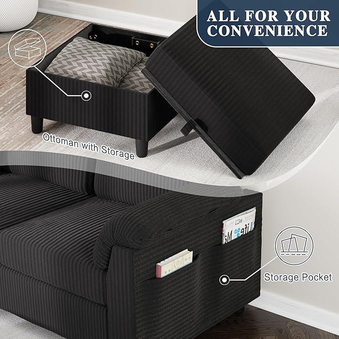 Meilocar Sectional Sofa Couch for Living Room 79 Sectional Couches with Ottoman L Shaped Couch with Armrests Side Storage Pockage 3-Seat Sofa Couches for Apartment Black