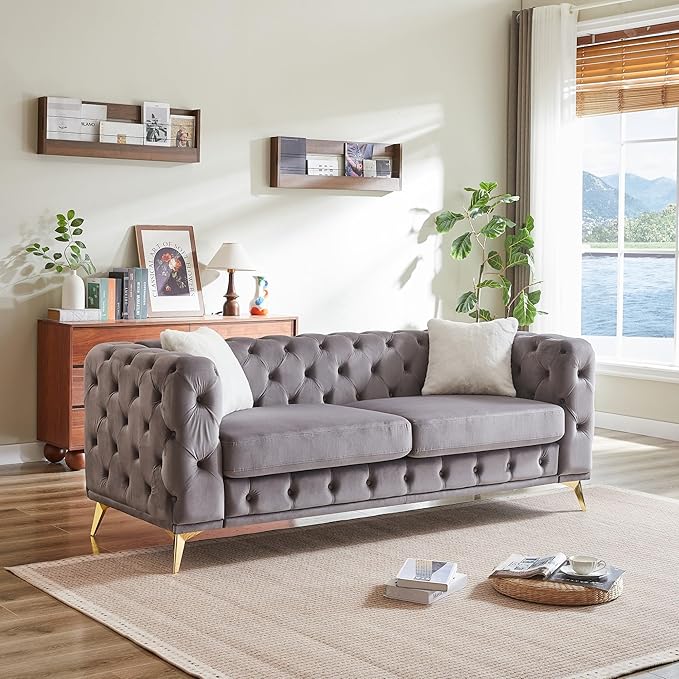 82.5'' Velvet Chesterfield Sofa Button Tufted Upholstered Sofa Couches with 2 Pillows Golden Metal Feets Removable Thick Cushions Comfy Chesterfield Couches for Living Room Apartment Grey