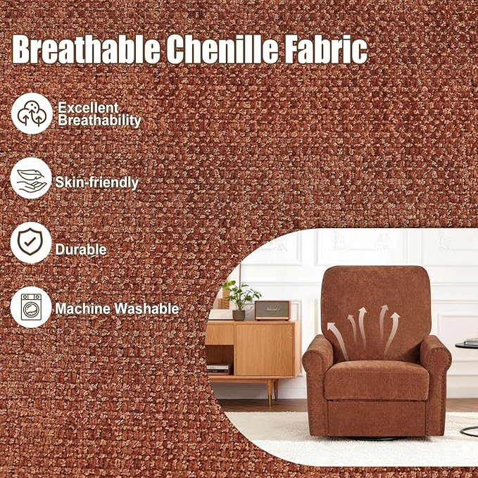 360° Swivel Rocker Recliner Chair with Upholstered Backrest Small Rocking Recliner for Small Spaces Chenille Fabric Glider Recliner Nursery Chair (Chenille-Red One Chair)