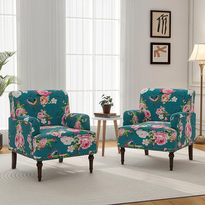 Accent Chair Mid Century Modern Comfy Armchair for Living Room Linen Fabric Single Sofa Lounge for Reading Bedroom Apartment Waiting Room with Wood Legs (Floral Set of 2)