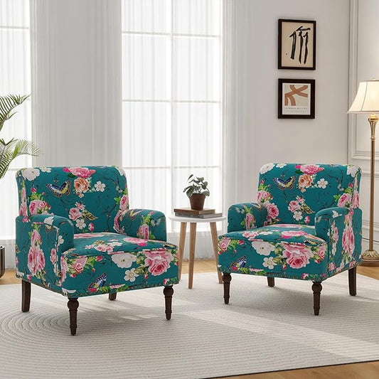 Accent Chair Mid Century Modern Comfy Armchair for Living Room Linen Fabric Single Sofa Lounge for Reading Bedroom Apartment Waiting Room with Wood Legs (Floral Set of 2)