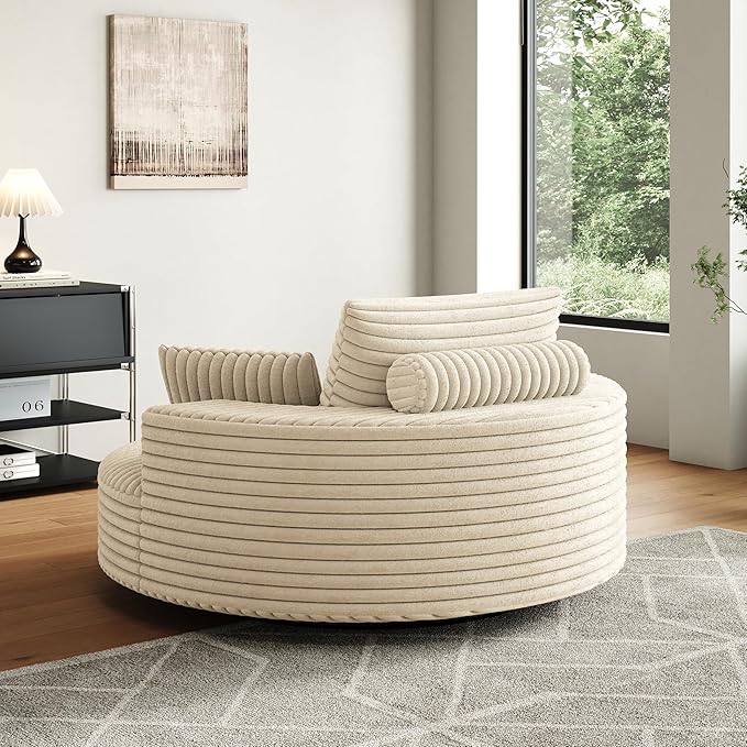 TTK 55” Oversized Corduroy Swivel Chair Fluffy 360° Rotating Sleeper Armchair with Pillows &amp Headrest Full Foam Barrel Chair for Living Room Bedroom Reading Nook Lounge or Apartment Beige
