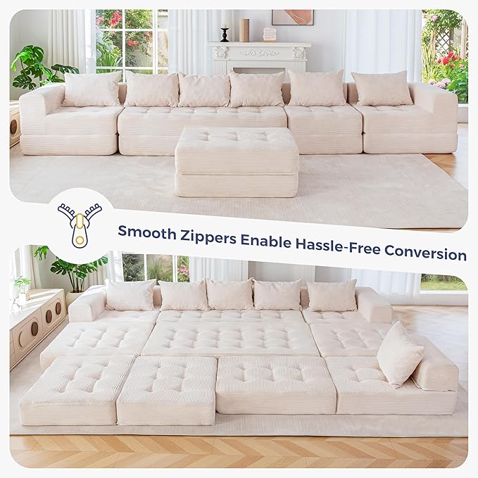 MAXYOYO Modular Sectional Sofa Couch Foldable U Shaped Cloud Couch with Pillows Tufted 7-Seat Boneless Sleeper Lounger Floor Sofa Bed for Living Room No Assembly Required Beige