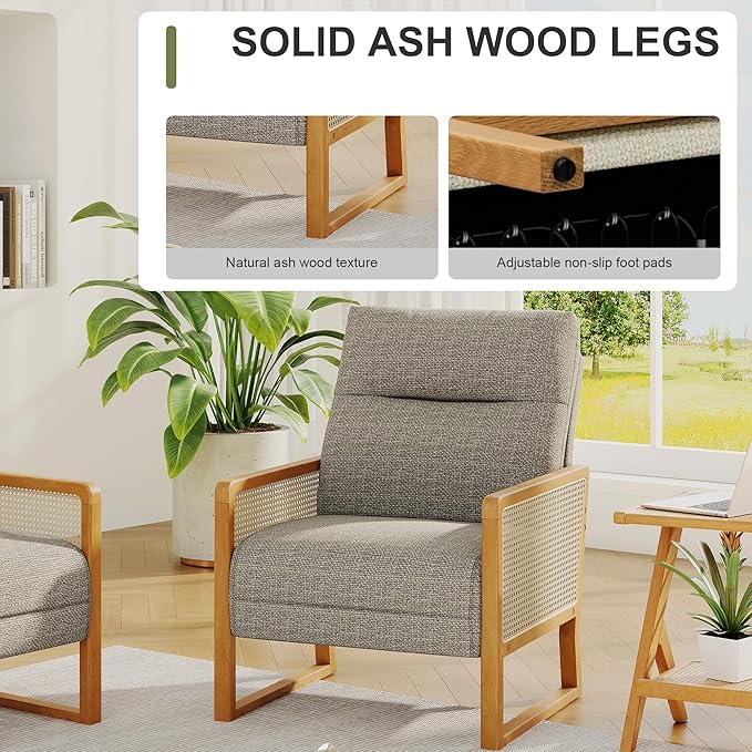 Linen Accent Chair Living Room Chairs with Rattan Arms Armchair with Ash Wood Legs for Reading Brownish Gray