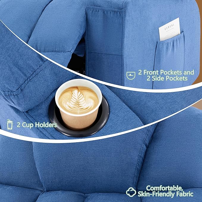 Manual Recliner Chair Rocker Recliner with Vibration Massage &amp Heat Ergonomic Reclining Fabric Living Room Chairs for Bedroom Nursery Single Sofa with 4 Pockets 2 Cup Holders Blue