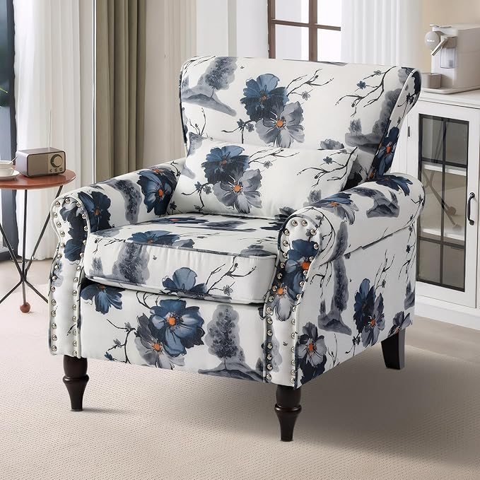 Oversized Floral Accent Chair with Extra Lumbar Pillow Upholstered Living Room Armchair with Wooden Legs Comfy Reading Lounge Chair for Bedroom Home Office (Blue Floral Pattern)