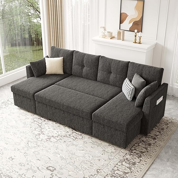 Oversized Sleeper Sofa Couch 110 inch 2 in 1 Pullout Couch Bed with Side Pockets for Living Room Sectional Sleeper Sofa Bed with Double Storage Chaise Black