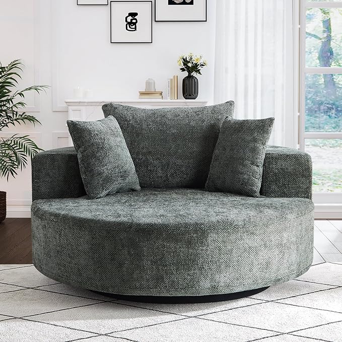 Oversized Round Swivel Chaise Longue Chair Indoor Modern 55-inch 360 Degree Swivel Upholstered Waffle Chenille Deep Seat Circle Single Cloud Sofa Chair for Living Room Bedroom Apartment Office Green