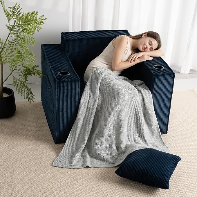 Cloud Single SofaChaise Lounge Chair with Cup Holder &amp Side PocketElevated Seat HeightNo Assembly RequiredBoneless Corduroy Chair for Small SpaceBedroomOffice (Blue Single Sofa)