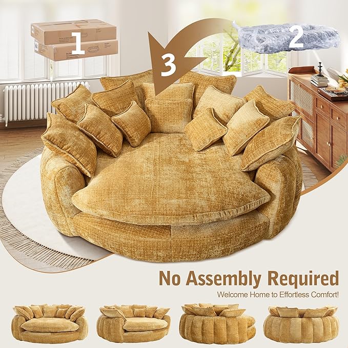 81 Oversized Boneless Round Chaise Lounge Bean Bag Chair Comfy Chenille Reading Chair Fluffy Plush Sofa Bed Large Deep Seat Circle Cloud Couch for Living Room/Apartment/Bedroom Yellow