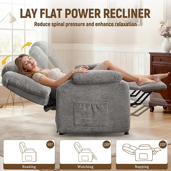 Power Recliner Chair Living Room Chairs for Adults Oversized Electric Recliner with Side Pockets Chenille Fabric Reclining Chair for Living Room Bedroom