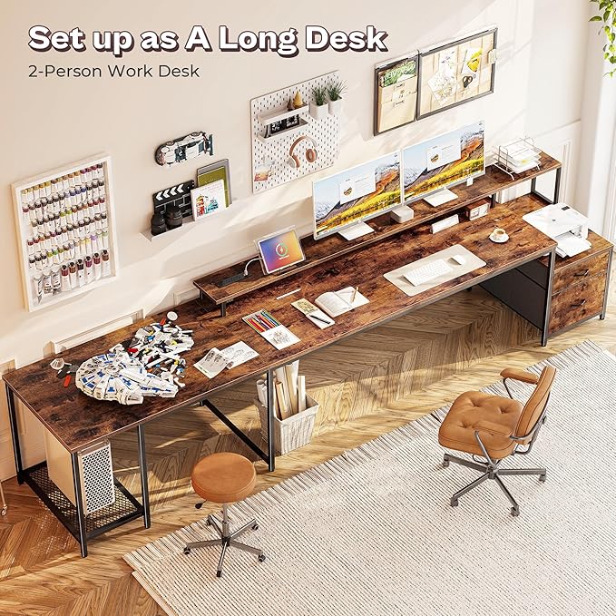 PRAISUN 66 L Shaped Gaming Desk with LED Lights &amp Power Outlets Computer Desk with Fabric Drawers and Print Stand Corner Office Desk Monitor Stand Mesh CPU Stand Rustic Brown