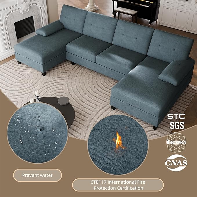 Nuturelly Nutually Sectional Couches for Living Room Convertible U-Shaped Sofa Couch with Double Chaise 4 Seat Sofa Set Modular Sofa Couch with Linen Fabric for Apartment Dark Gray