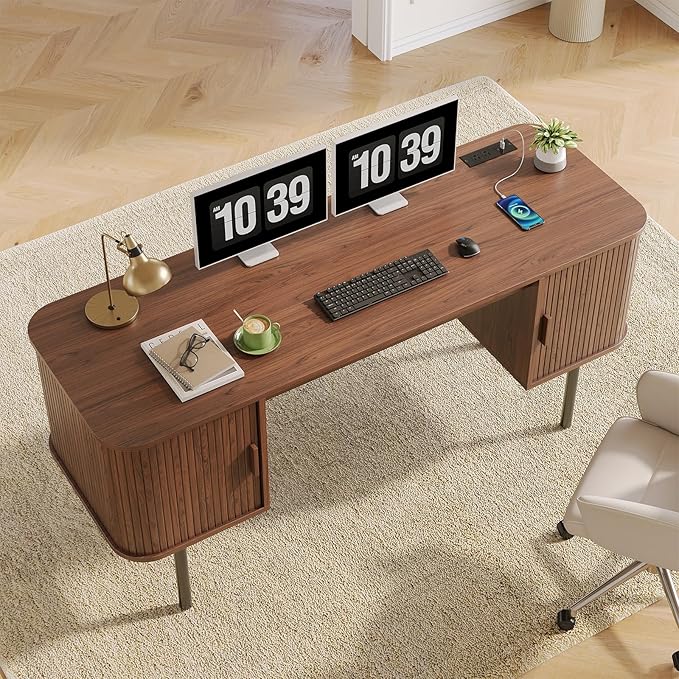 ONBRILL 63 Inch Fluted Computer Desk with Charging Station Mid Century Executive Desk with 2 Storage Cabinets Modern Home Office Large Desk with Metal Legs for Working Studying Writing Walnut